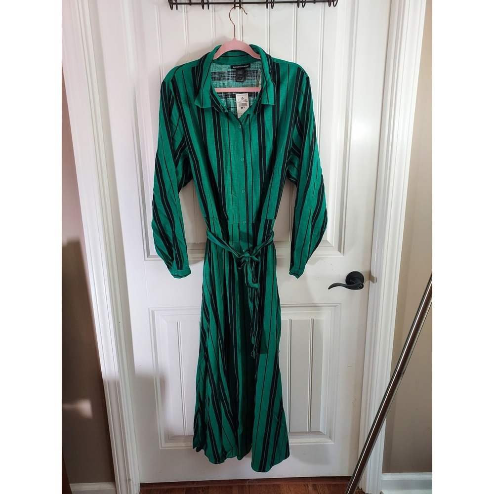 Ashley Stewart NWT Plus 16 Green Bosphorus Striped Linen Blend Maxi Shirtdress